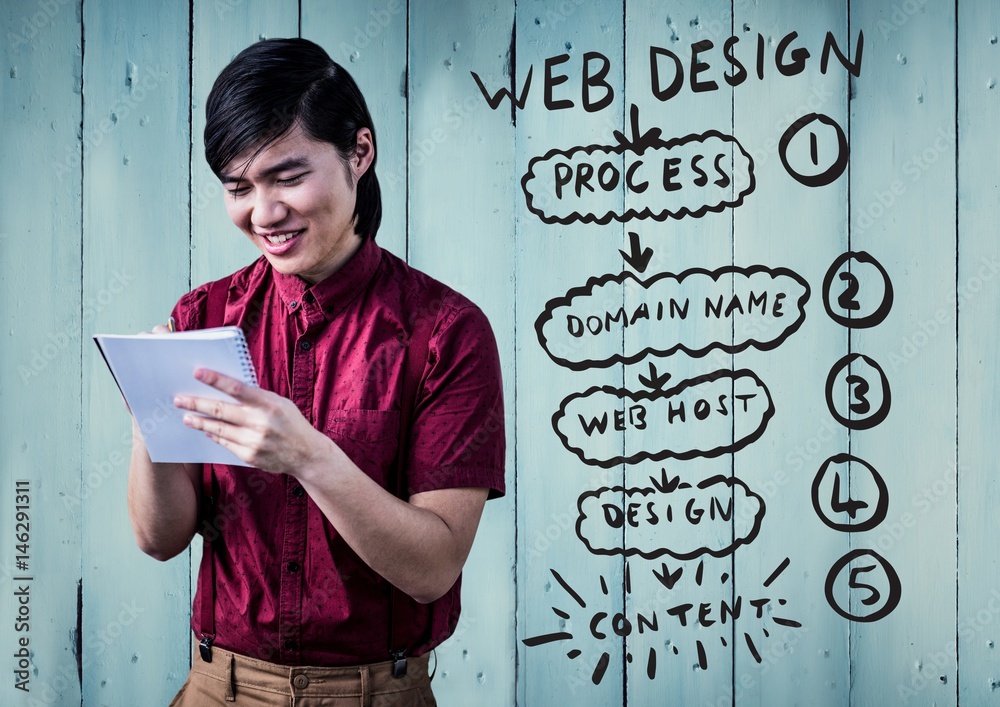 Fototapeta premium Man with notepad against website mock up and blue wood panel