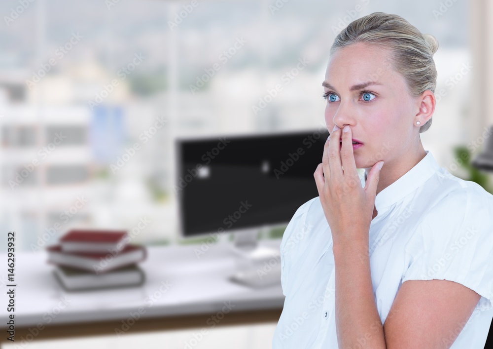 Business woman scared in the office desk Business woman scared in the office desk