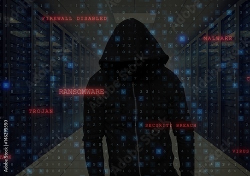 Fototapeta Naklejka Na Ścianę i Meble -  Black jumper hacker with out face hacking  a interface