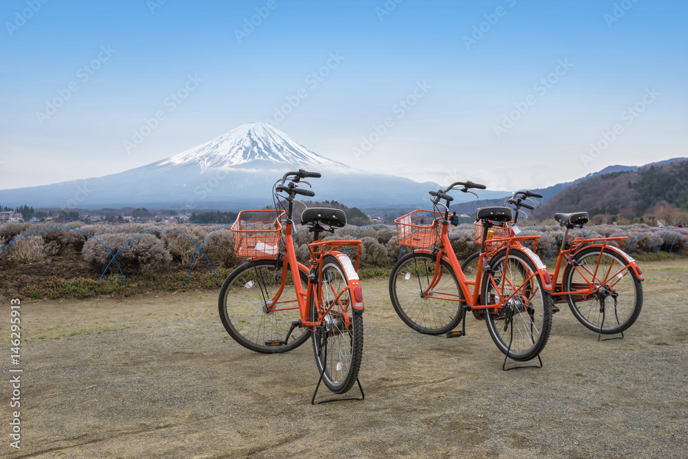 Bicycle rental for tourists to travel around the Kawaguchigo lake in Japan by mount Fuji behide background.