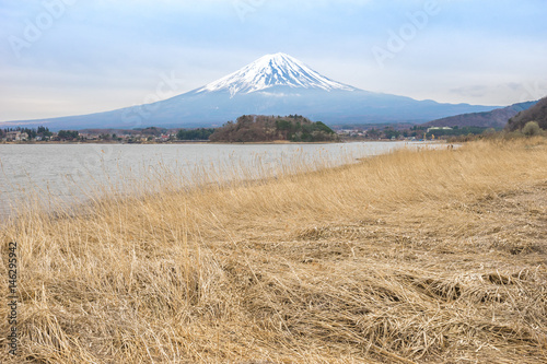 Beautiful scenery at Kawaguchigo lake, Japan by mount Fuji behide background.
