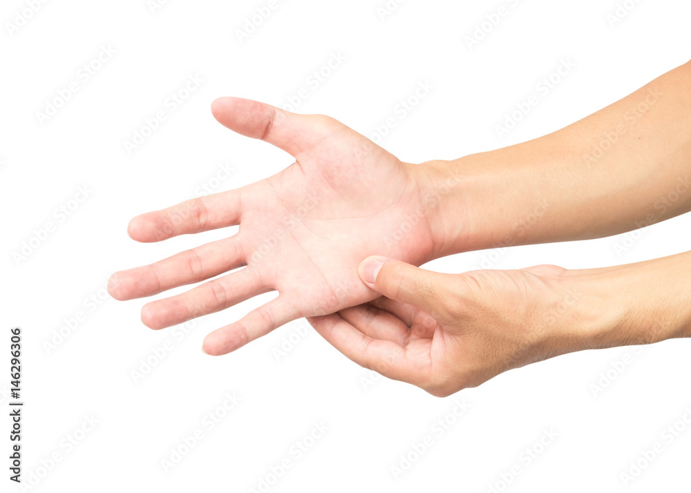 Man hand with pain on white background, health care and medical concept