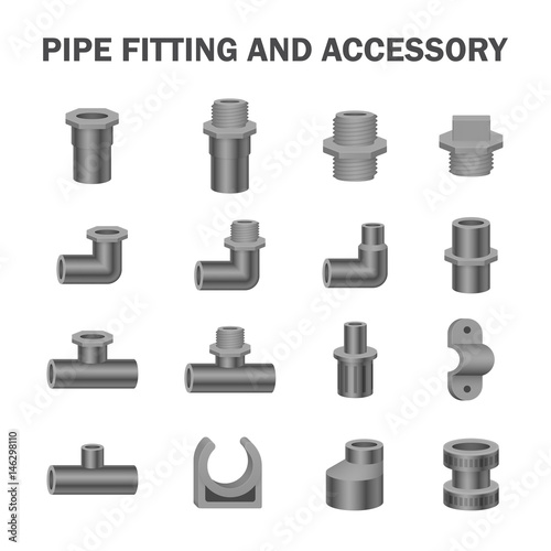 PVC or plastic pipe fitting vector icon. Include straight, nipple, reducer, elbow, tee, valve. For connection many size of tube pipe in pipeline for plumbing, drainage system, sewage and water supply.