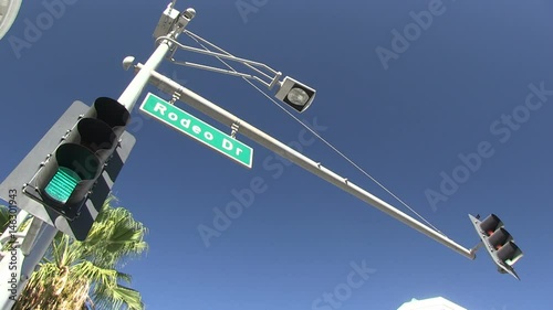 Rodeo Drive, Beverly Hills, Los Angeles. Roads and people. Street sign 
