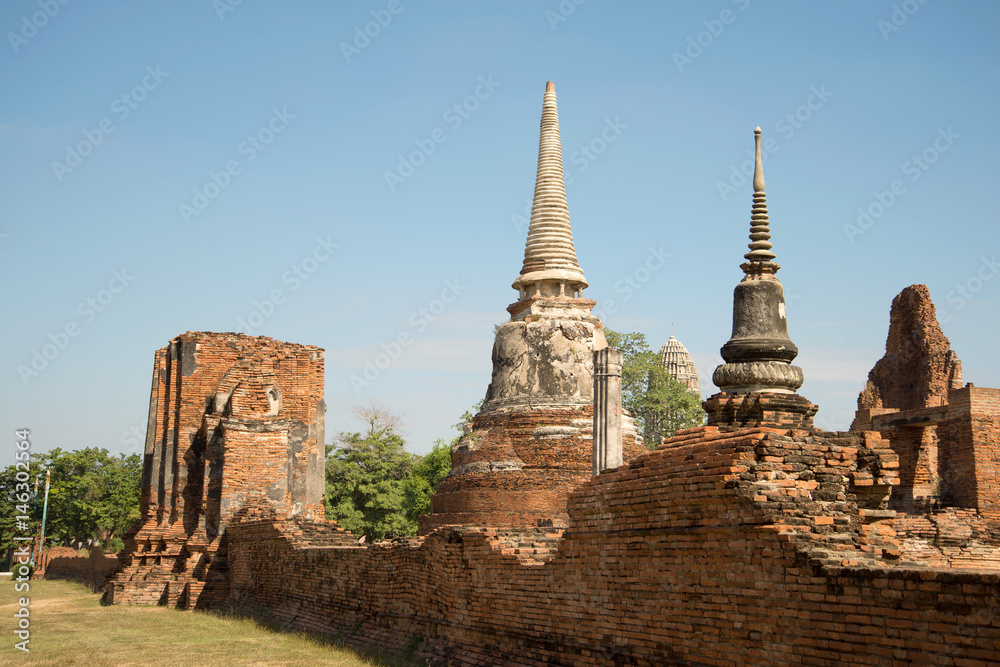 Ruins of the ancient Buddhist temple Wat Mahathat on a sunny afternoon. Ayutthaya, the ancient capital of Thailand