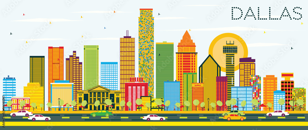 Dallas Skyline with Color Buildings and Blue Sky. Dallas Skyline with Color Buildings and Blue Sky.