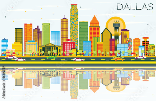 Dallas Skyline with Color Buildings, Blue Sky and Reflections.