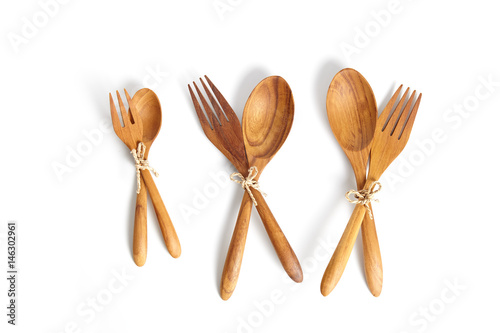 set of wooden spoon and fork isolated on white. a kitchenware.