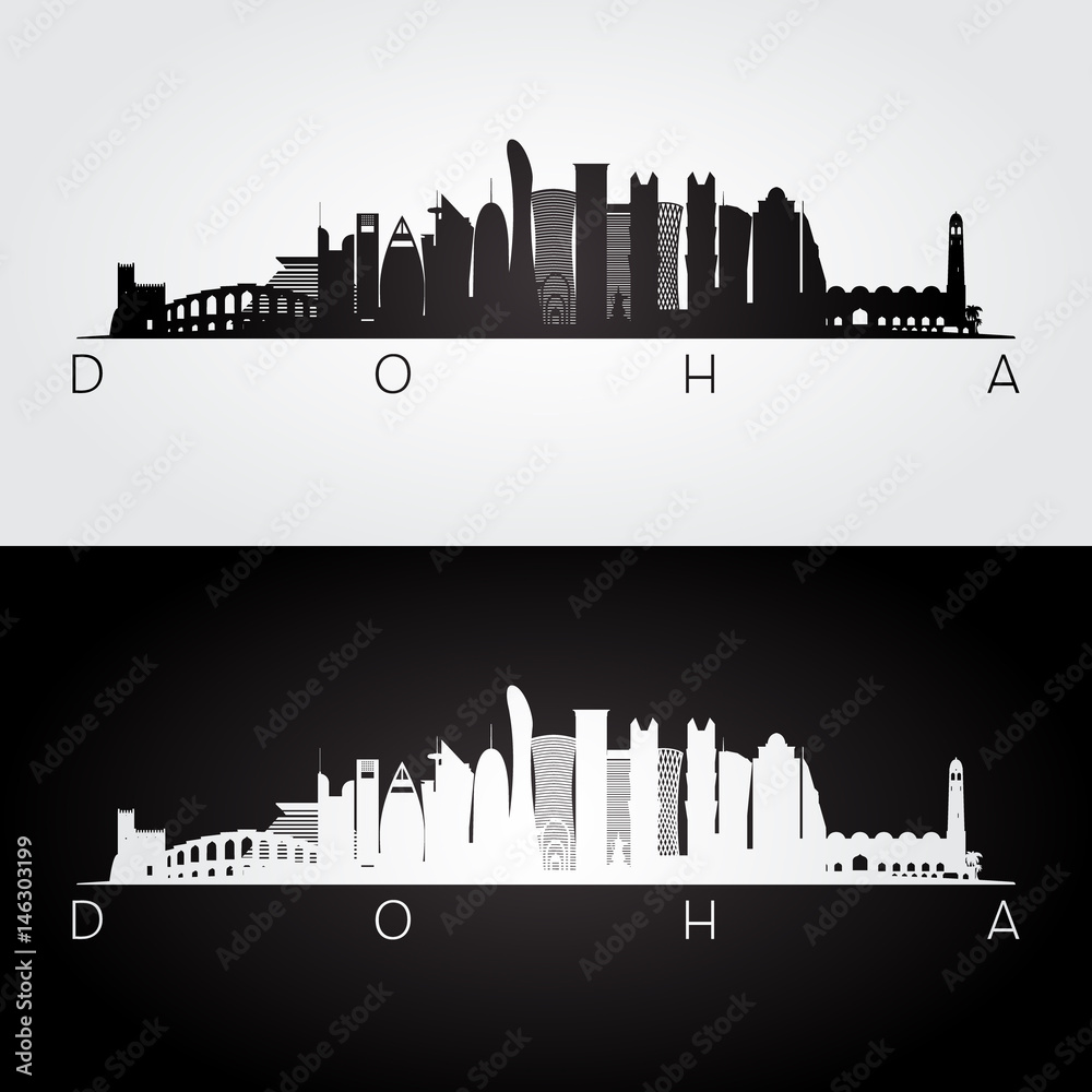 Doha skyline and landmarks silhouette.
