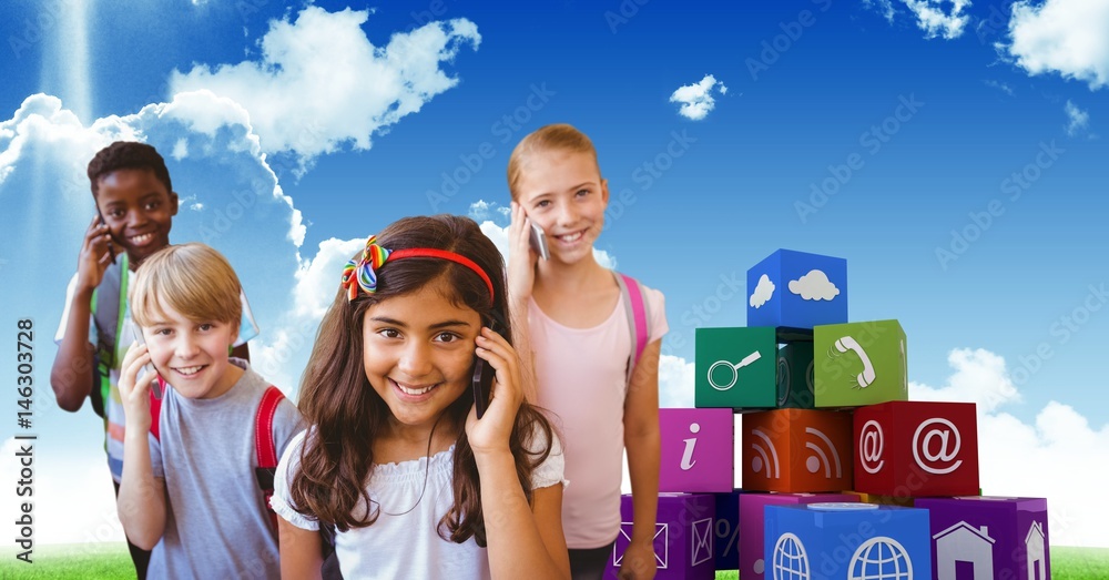 Obraz premium Happy kids using smart phones with apps icons in background