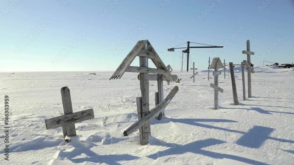 Christian cemetery in the snow on the shore of the Barents Sea, Arctic, Russia - 4 Christian cemetery in the snow on the shore of the Barents Sea, Arctic, Russia - 4
