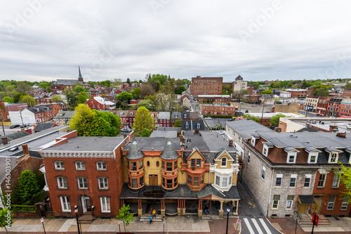 Fototapeta Aerial of historic downtown Lancaster, Pennsylvania with blooming trees