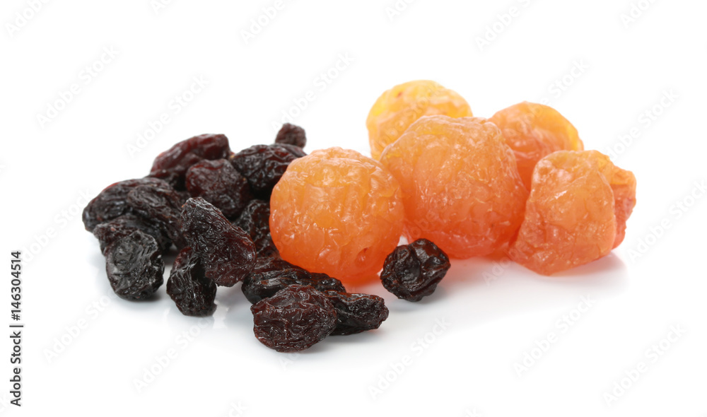 Dried raisins and dried honey Chinese plum on a white background Dried raisins and dried honey Chinese plum on a white background