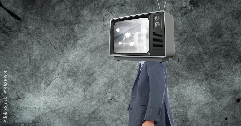 Digital composite image of TV on businessman's head