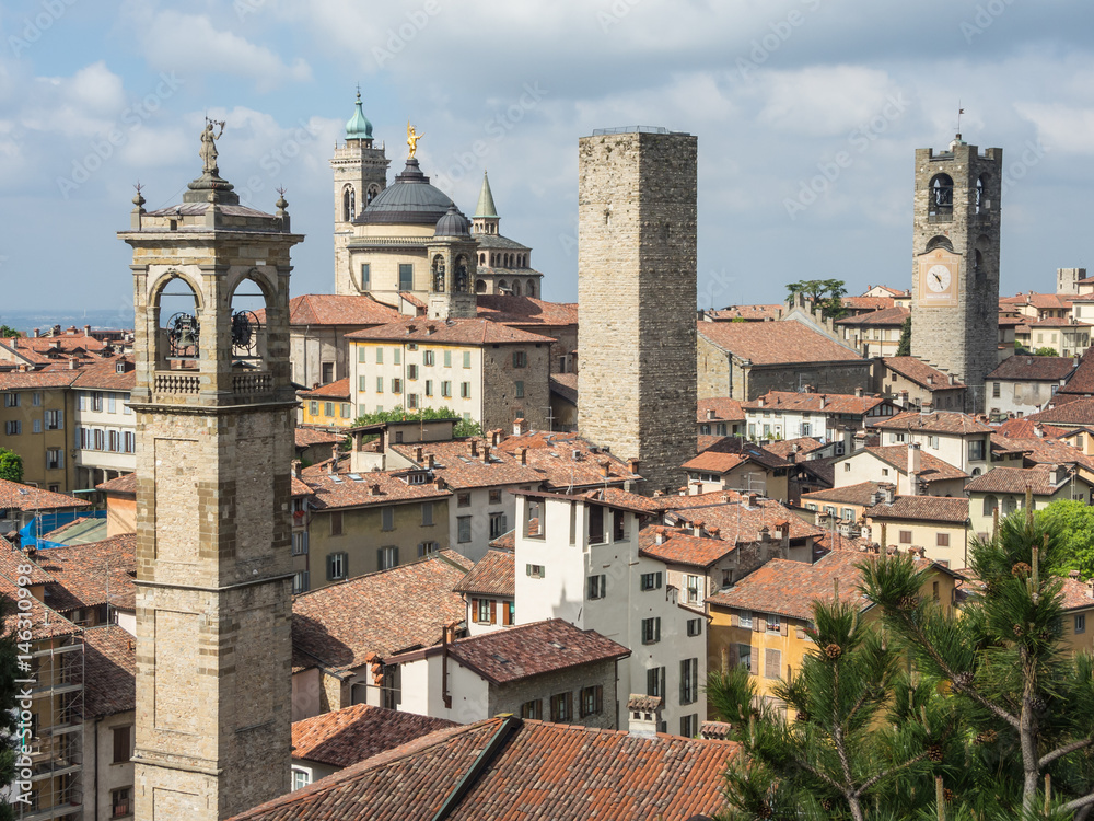 Bergamo - Old city (Città Alta), Italy. Landscape on the city center, the old towers and the clock towers from the old fortress