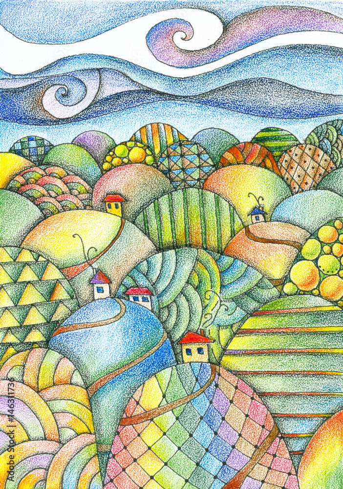 Summer Day Fairy Landscape Colorful Hills With Houses And Roads Fantasy Pencil Drawing Stock Illustration Adobe Stock