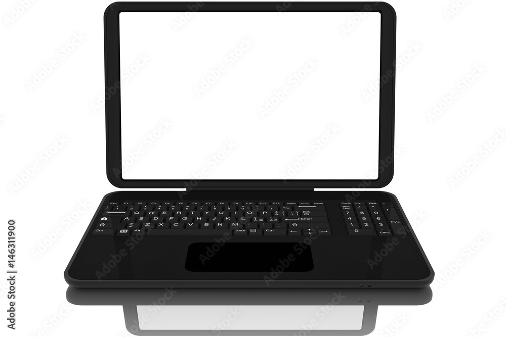 Computer portatile aperto nero su sfondo bianco..Monitor vuoto con spazio per testo.. Computer portatile aperto nero su sfondo bianco..Monitor vuoto con spazio per testo..