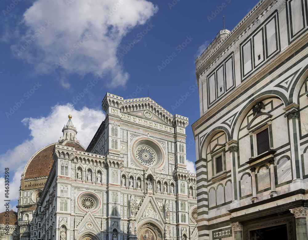Glimpse of the famous Piazza del Duomo square in the historic center of Florence, Italy, on a sunny day
