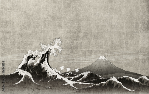 和風背景素材 大波と富士山