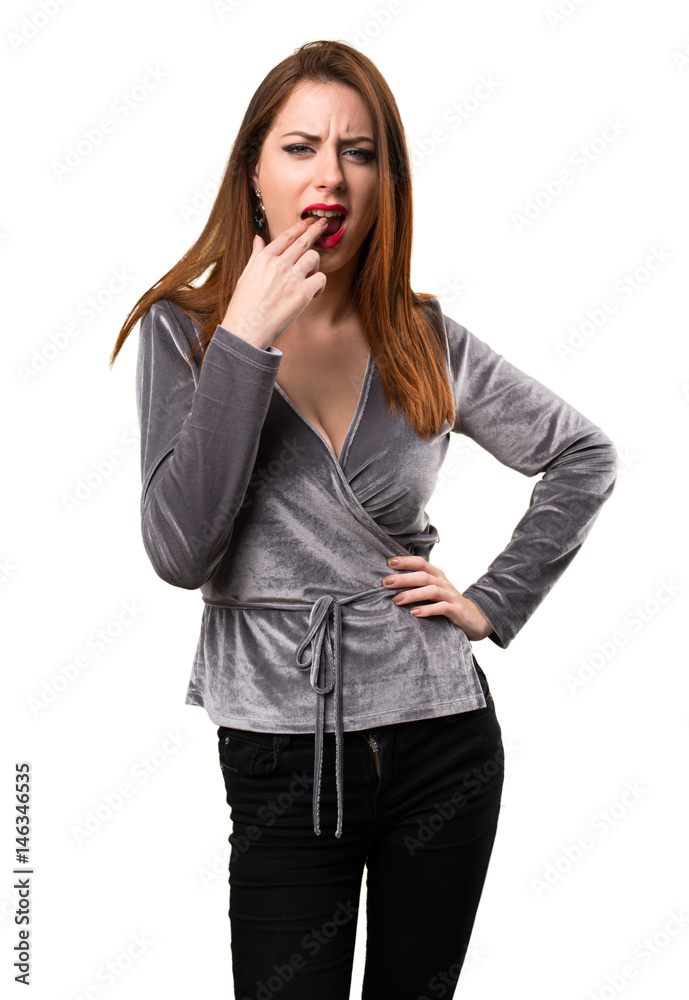 Beautiful young girl making vomiting gesture Beautiful young girl making vomiting gesture