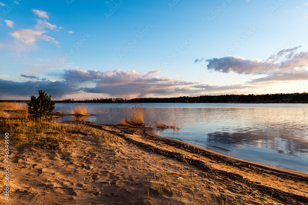 dramatic sunrise over the calm river