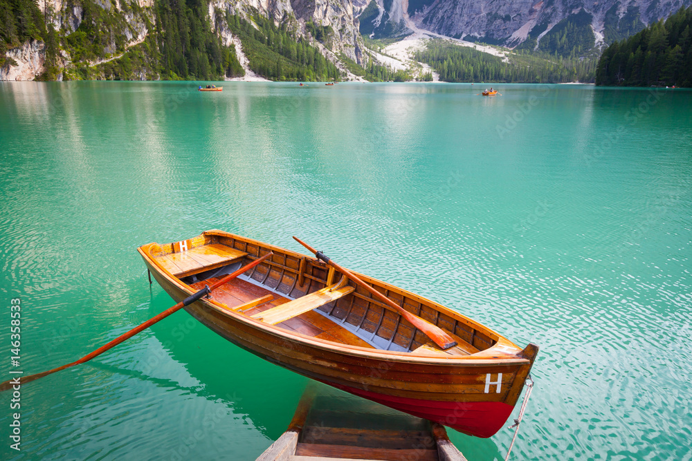 Braies Lake in Dolomiti region, Italy