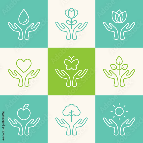 Vector Set of Outline Signs. Caring Hands with Ecology, Charity, Freedom, Health and Wellness Theme