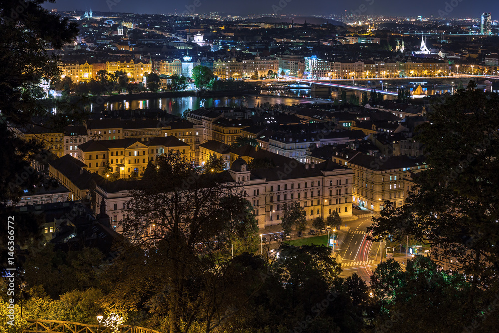 Top view of the city of Prague at night