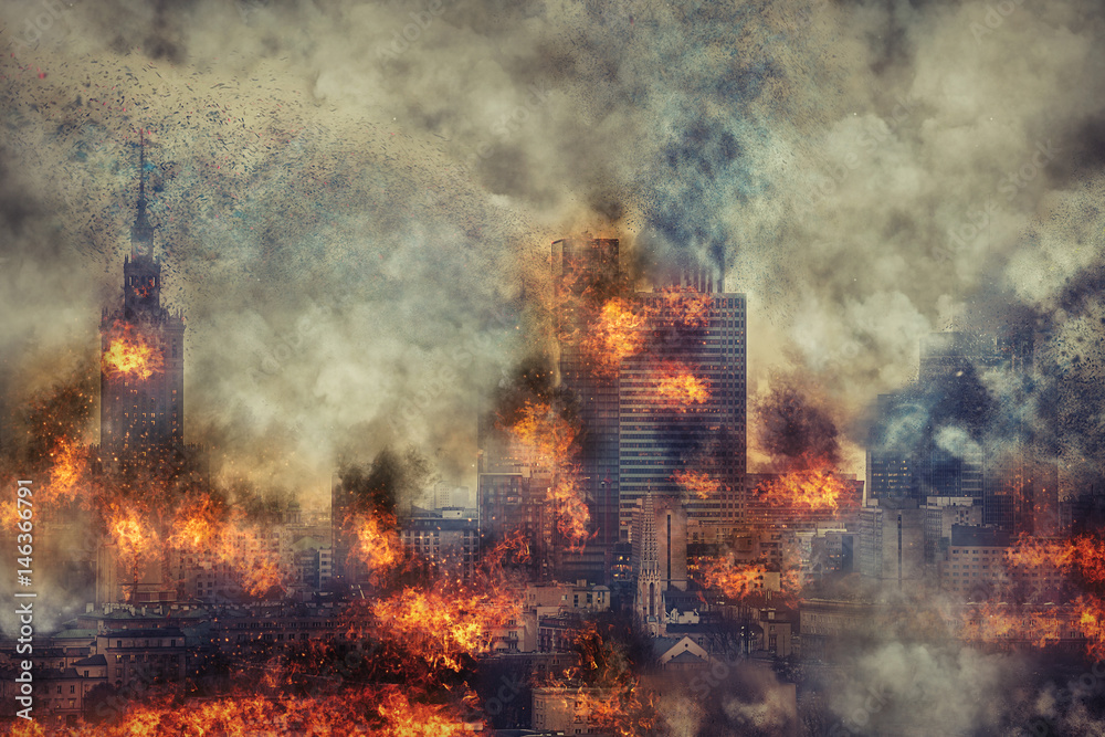 Apocalypse. Burning city, abstract vision. Photo manipulation