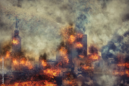 Apocalypse. Burning city  abstract vision. Photo manipulation