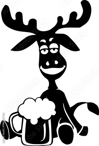 black silhouette of a moose with a beer on a white background