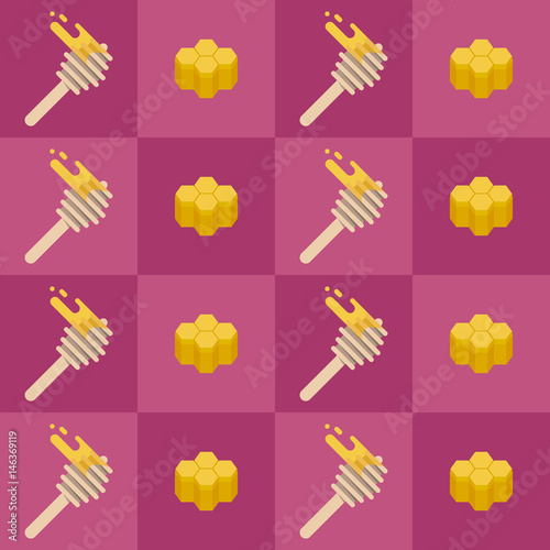 Honey vector illustration banner, honeycomb image, flat icon illustration with sweet tasty honey. Natural eco bio product made with bees for bio business.