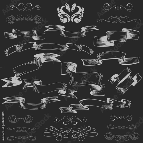set sketch white ribbons on a dark background , monogram for your design , decorations , ribbons and banners in retro style