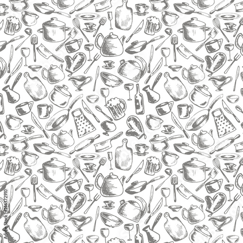 vector seamless pattern with crockery and kitchen utensils