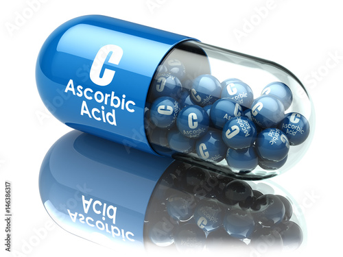 Vitamin C capsule or pill. Ascorbic acid. Dietary supplements.