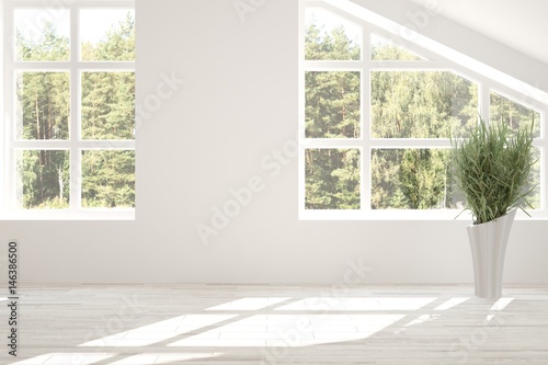 White empty room with green landscape in window. Scandinavian interior design. 3D illustration