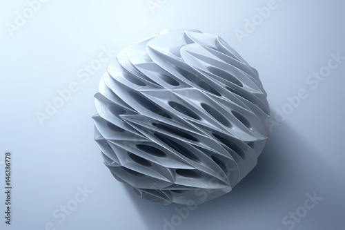 Fototapeta Naklejka Na Ścianę i Meble -  Abstract 3d rendering of high poly silver sphere with chaotic structure on white background. Sci-fi background with wireframe and globe in empty space. 3d rendering