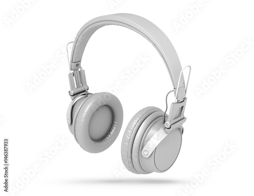 Grey wireless headphones isolated on white background with shadow. 3d Rendering