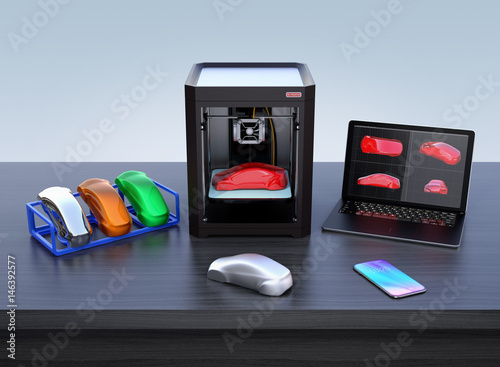 3D printer, laptop and product color samples. CMF(Color, Material and Finish) design process concept. 3D rendering image. photo
