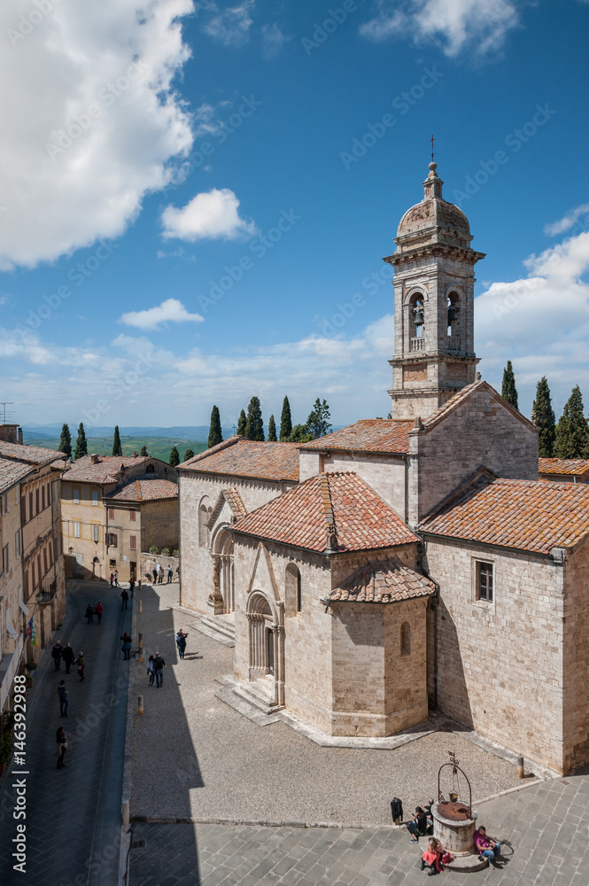 The romanic church of San Quirico d’Orcia, near Siena, Tuscany, Italy.