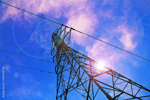 High voltage electricity pole on sunset time.