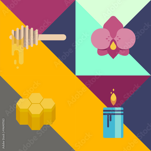 Wax spa club, beauty healthcare, body care banner. The set of vector flat icons with light and bright colours, Template image honey, honeycomb with orchid flower and warm relax candle.Печать