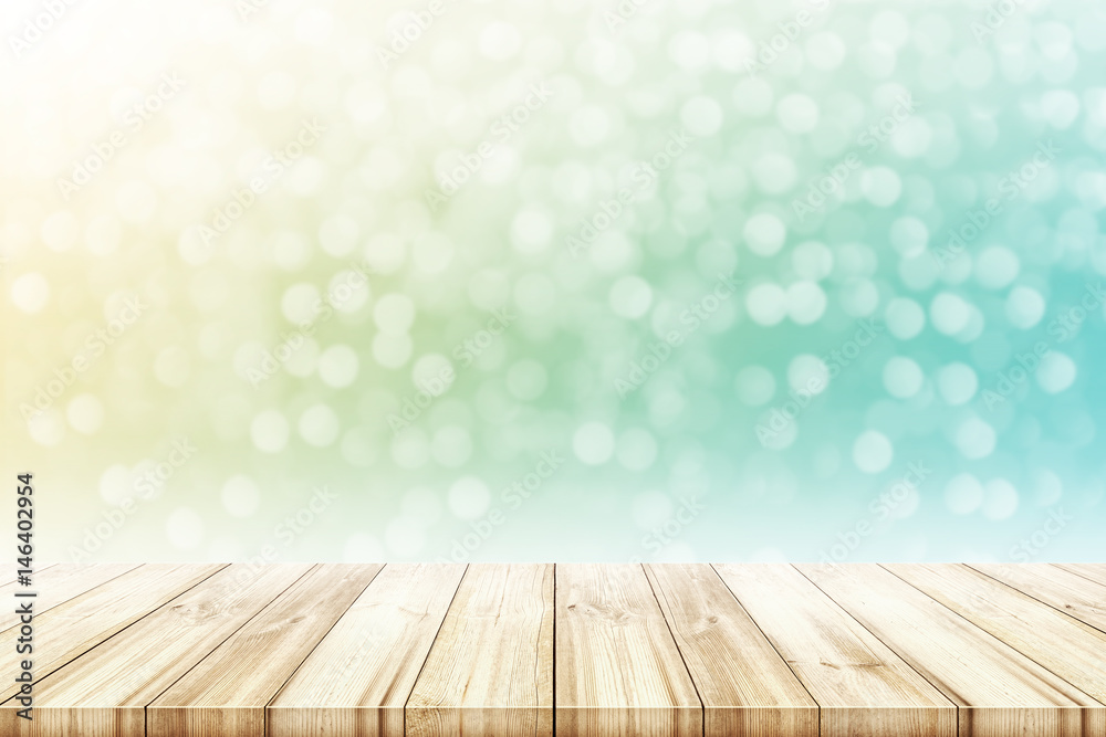 Empty wooden table top with blurred color light bokeh circle background. Empty wooden table top with blurred color light bokeh circle background.