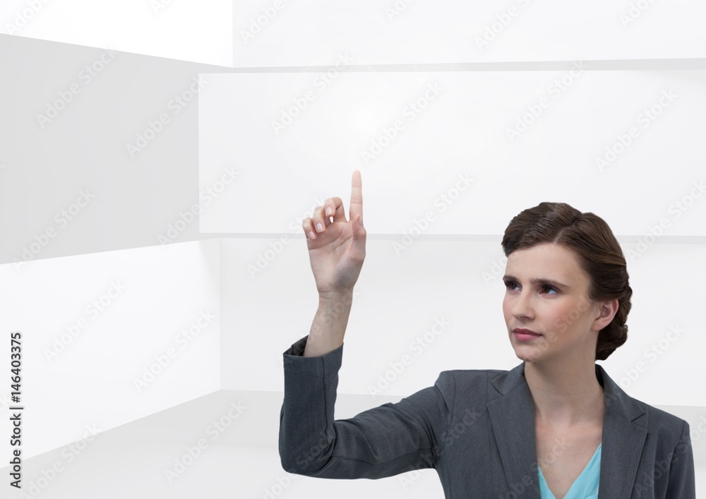 woman pointing with minimal bright background woman pointing with minimal bright background