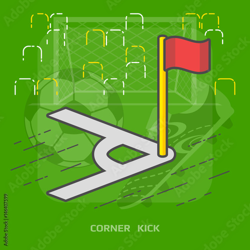 Flat illustration of soccer pitch corner with flag. Flat design of part of football field for corner kick. Best vector illustration about soccer, sports game, championship, gameplay, etc