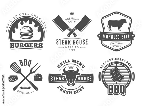 smoked,

BBQ, burger, grill badges. Set of vector barbecue logos. Vintage emblems for steak house or grill bar.