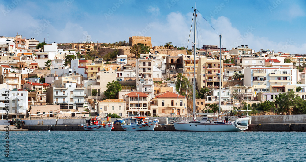 Frontal view of coastline of Sitia town on Crete island, Greece