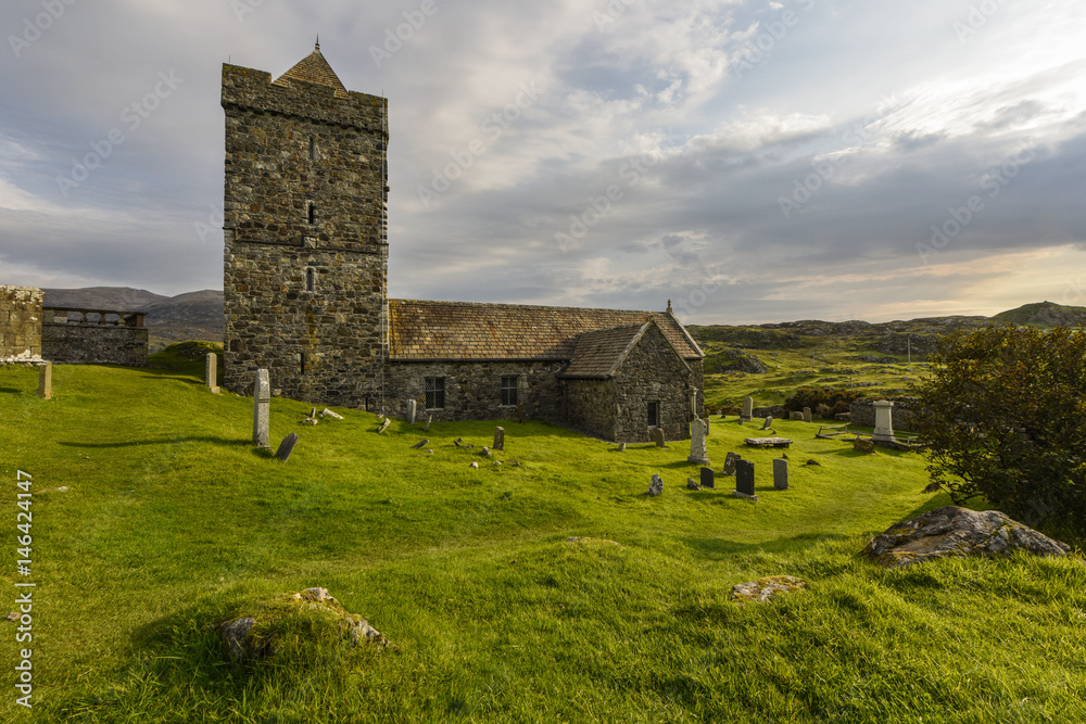 Fototapeta premium Scottish church St. Clement, ancient capel on Harris and Lewis Island, Outer Hebrides, Highlands, Scotland, Great Britain