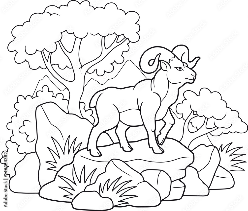 Obraz premium Cartoon mountain ram standing on rocks