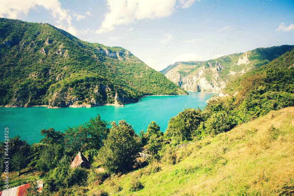 Piva Canyon in Montenegro - nature travel background. Canyon in Pluzine